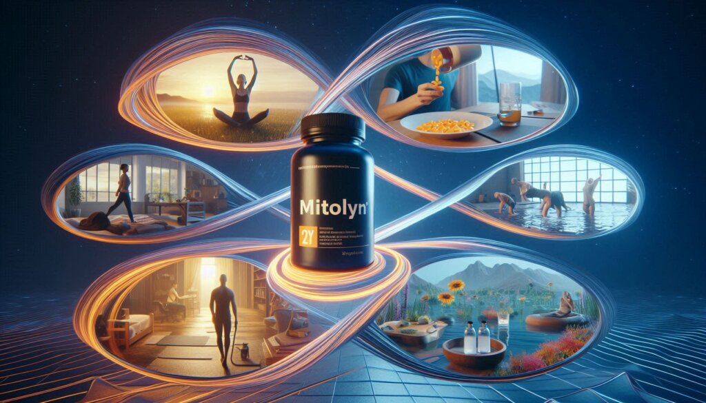 Infographic-style image with Mitolyn bottle in center, surrounded by commonly asked questions and concise answers